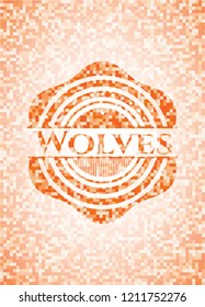 Wolves orange tile background illustration. Square geometric mosaic seamless pattern with emblem inside.