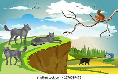 The wolves pack, northern forest in background wildlife natural vector scene