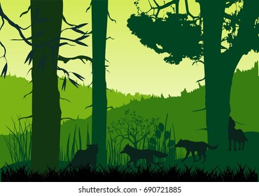 Wolves pack silhouettes and forest silhouette. vector