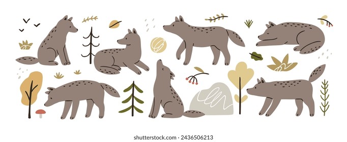 Wolves set in Scandinavian style. Cute forest animal, trees. Scandi wild beast cub, fauna, sweet kawaii coyote, nature. Kids nursery nordic flat vector illustrations isolated on white background