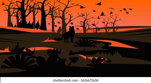 wolves silhouettes escaping from forest fires in australia wildfire birds flying over bushfire burning trees natural disaster concept intense orange flames horizontal vector illustration