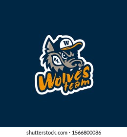 Wolves team mascot logo with wolf in baseball hat. Vector illustration.