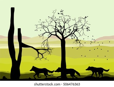 Wolves vector black silhouettes running, wildlife vector landscape