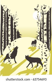 Wolves in the winter  forest, vector