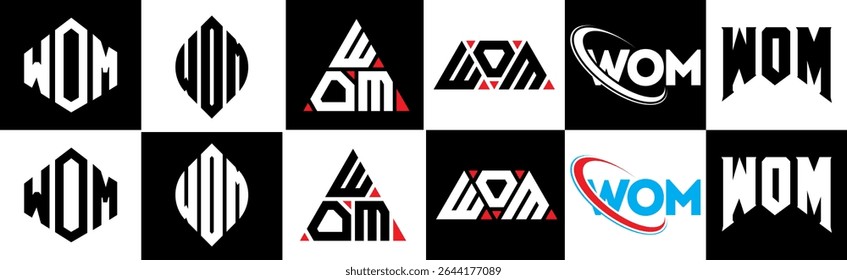 WOM letter logo design in six style. WOM polygon, circle, triangle, hexagon, flat and simple style with black and white color variation letter logo set in one artboard. WOM minimalist and classic logo