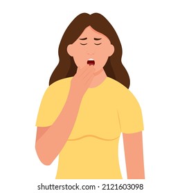 Wom yawning covering mouth with hand.  Sleepy person with open mouth.Fatigue. Low energy.Vector illustration