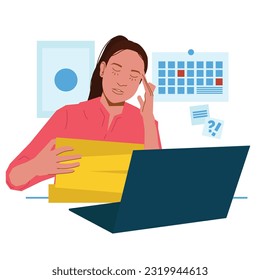 woma feeling dizzy headache in office in flat illustration