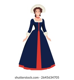 Mulher no Século XVIII Vestido Francês. Ilustração de vetor plano isolada no plano de fundo branco