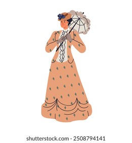 Woman in 19th-century elegant dress. Vintage Victorian era fashion. Noble rich lady in historical clothes, wearing hat and parasol, umbrella. Flat vector illustration isolated on white background