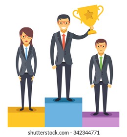 Woman and 2 men standing on pedestal. Man holds a golden cup. Modern flat design concept for web banners, web sites, printed materials, infographics. Vector illustration isolated on white background