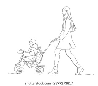 Woman with 3 wheel baby carriage  on cold day. Side view. Continuous line drawing. Black and white vector illustration in line art style.