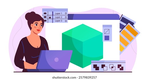 Woman 3d designer. Young girl with laptop designs green 3D cube. Freelancer and remote worker, illustrator. Creator and editor, graphic designer. Flat vector illustration