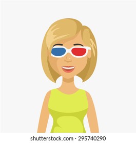 Woman in 3d glasses. Vector flat illustration