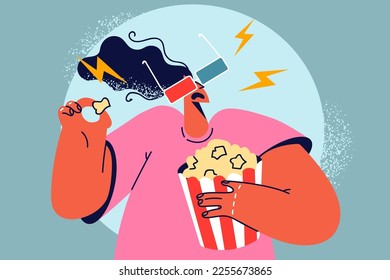 Woman in 3d glasses watching movie eating popcorn in cinema. Millennial girl in glasses enjoy film with snack in movie theater. Entertainment and leisure. Vector illustration. 