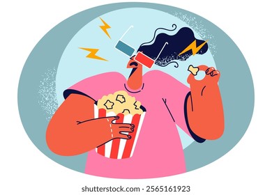 Woman in 3d glasses watching movie eating popcorn in cinema. Millennial girl in glasses enjoy film with snack in movie theater. Entertainment and leisure. Vector illustration.