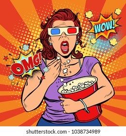 Woman in 3d glasses watching a scary movie and eating popcorn. Fast food in the cinema hall. Pop art retro vector illustration comic cartoon vintage kitsch