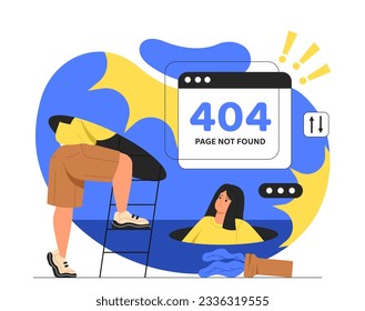 Mujer con concepto de error 404. Problemas técnicos en el sitio web, dirección incorrecta en la página web, enlace roto. Jovencita con página no encontrada con inscripción. Dibujo vectorial plano de dibujos animados