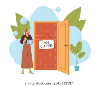 Woman with 404 error. Young girl near door closed with bricks. Mistakes and errors in code. Page not found, broken link. Flat vector illustration isolated on white background