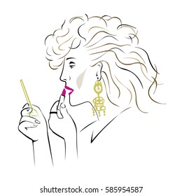 Woman with 80s style making up in front of the mirror. Vector illustration.