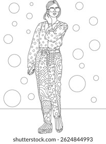Woman in 90s Fashion Outfit - Line Art, Full length line art illustration of a young woman dressed in trendy 90s fashion, featuring a patterned blouse, wide-leg pants with a belt, platform shoes,