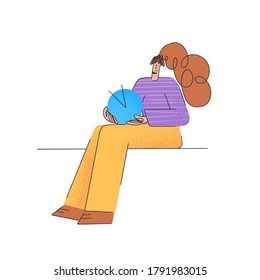 Woman with abstract figure in hand. Business People. Remote team work. Person vector concept pictures in flat style. 