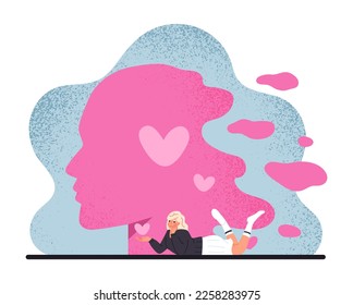 Woman with abstract head silhouette. Girl lies with heart in hands, acceptance, positivity and optimism. Graphic element for website. Mental health and awareness. Cartoon flat vector illustration