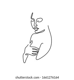 Woman abstract portrait, continuous line drawing, small tattoo, print for clothes and logo design, emblem or logo design, silhouette one single line on a white background, isolated vector illustration