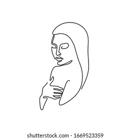 Woman abstract portrait, continuous line drawing, small tattoo, print for clothes and logo design, emblem or logo design, silhouette one single line on a white background, isolated vector illustration