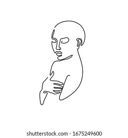 Woman abstract portrait, continuous line drawing, small tattoo, print for clothes and logo design, emblem or logo design, silhouette one single line on a white background, isolated vector illustration