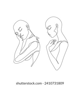 Woman abstract portrait, hairless girls is single line on white background, continuous line drawing, isolated vector illustration. Tattoo, print and logo design for spa or beauty salon. Line art.