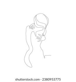 Woman abstract silhouette, back hug, warms up, sad posture, single line on white background, continuous line drawing, tattoo and logo design, isolated vector illustration.