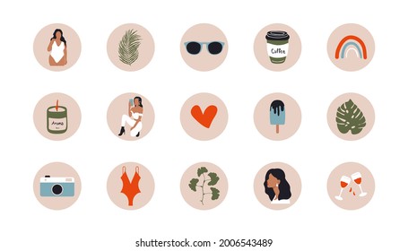 La historia abstracta de una mujer destaca. Iconos contemporáneos de verano de mediados de siglo, portadas modernas de historias femeninas. Arte vectorial