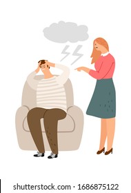 Woman abuse behavior. Home violence, wife screaming on husband. Man has headache and bad health. Unhappy angry girl vector illustration