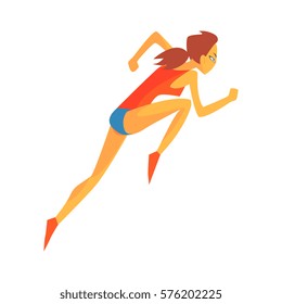 Woman Accelerating At Race Start, Female Sportsman Running The Track In Red Top And Blue Short In Racing Competition Illustration