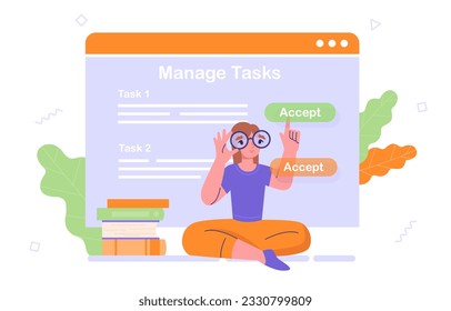 Mujer con el concepto de aceptar tareas. Gestión del tiempo y organización de un flujo de trabajo eficiente. Planificación y programación. Liderazgo y motivación. Gerente en el lugar de trabajo. Dibujo vectorial plano de dibujos animados