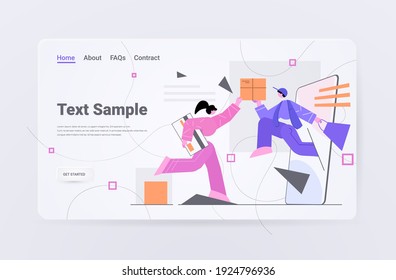 woman accepting cardboard box from deliveryman customer taking parcel from courier online express delivery service concept horizontal full length copy space vector illustration