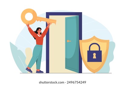 Woman with access. Young girl with golden key near doorway. Metaphor of business and career opportunities. Solution and decision. Businesswoman with way to success. Flat vector illustration