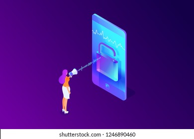 Woman accesses, unlock phone by voice, security isometric concept, character with megaphone talking with smartphone, using mobile device, vector illustration