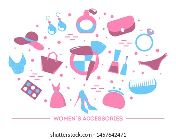 Woman accessories concept. Bag and nail polish, ring with diamond and powder. Idea of beauty and fashion. Collection of colorful icons. Isolated flat vector illustration