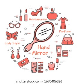 Woman Accessories Concept with Red Hand Mirror Icon