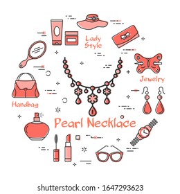Woman Accessories Concept with Red Pearl Necklace Icon