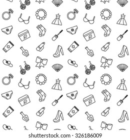 Woman accessories of cosmetics shoes clothes and jewelry. Vector