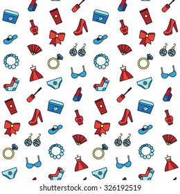 Woman accessories of cosmetics shoes clothes and jewelry. Vector