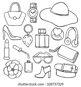 Woman accessories hand drawn set. Vector illustration of accessories elements for web and graphic design