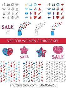 Woman accessories icons, patterns, sale banners set. Girls stuff in view cosmetics, shoes, clothes and jewelry. Vector