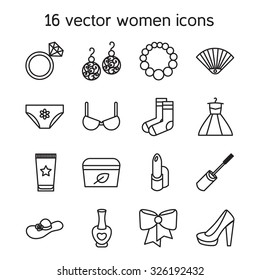 Woman accessories icons set of cosmetics, shoes, clothes and jewelry. Vector