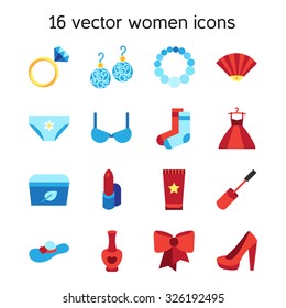 Woman accessories icons set of cosmetics, shoes, clothes and jewelry. Vector