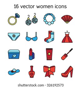 Woman accessories icons set of cosmetics, shoes, clothes and jewelry. Vector