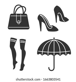 Woman accessories icons set of gloves shoes hats jewelry. Fashion Icons. Set of fashion accessories. Women items and things. Banner, poster, gift card design concept template. Vector illustration
