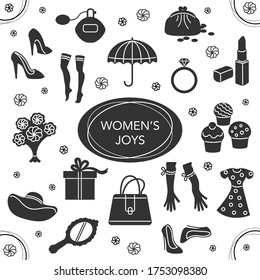 Woman accessories icons set of gloves shoes hats jewelry. Fashion Icons. Set of fashion accessories. Women items and things. Banner, poster, gift card design concept template. Vector illustration